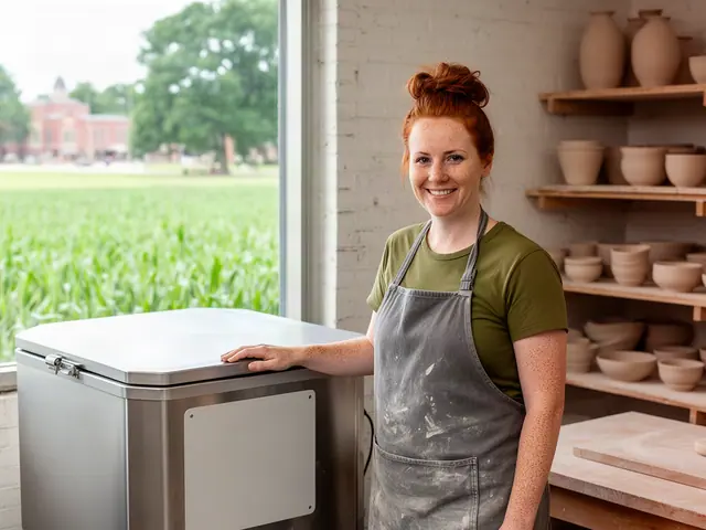A smiling potter in a gray apron with a hand on a new steel kiln beside shelves of bowls, a cornfield outside.