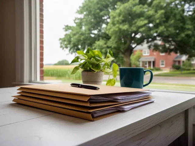 A neat stack of closed manila folders and a pen on a desk by a window.