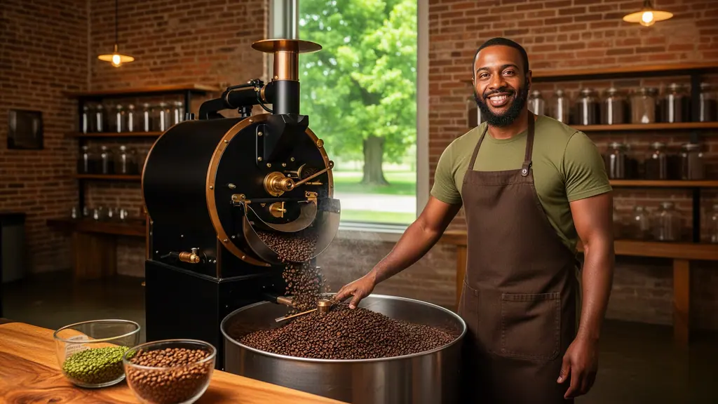 A smiling coffee roaster in a brown apron as fresh dark beans pour from a black drum roaster into the cooling tray.
