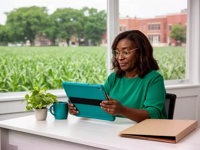 A woman with shoulder-length relaxed hair and gold-framed glasses reviewing a tablet at a desk in a small back office.