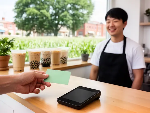 A customer holds a mint-green card over a counter terminal at a bubble-tea shop.