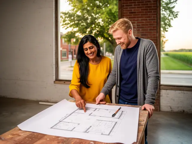 Two business partners looking over a pencil floor sketch in an empty storefront.